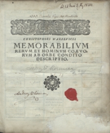 Christophori Warsevicii Memorabilium Rerum Et Hominum Coaevorum Ab Orbe Condito Descriptio [Ad Annum Christi M D LXXXV]
