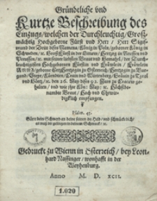 Gründliche und Kurtze Beschreibung des Einzugs welchen [...] Sigismund der Dritt [...] mit seiner liebsten Braut und Gemahel [...] Anna den 26 May dises 92. Jars zu Cracaw gehalten [...]