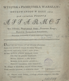 Assarmot, syn Jektana, praprawnuk Sema, praszczur Noego, narodów sarmackich patryarcha, przyszłym pokolenióm w duchu wieszczym błogosławi