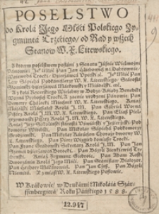 Poselstwo do Krola Jego Mości Polskiego Zygmunta Trzeciego od Rad y wszech Stanow W. X. Litewskiego [...]