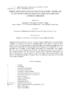 Triple-diffusive convection in Walters' (Model B') fluid with varying gravity field saturating a porous medium