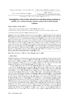 Investigation of the frother effect in two and three phases systems on bubble size, surface tension, recovery and grade in chalcopyrite flotation