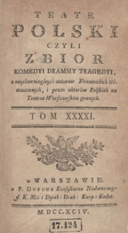 Teatr Polski Czyli Zbior Komedyi Drammy Tragedyi, z naysławnieyszych autorow Francuzkich tłómaczonych, i przez aktorów Polskich na Teatrze Warszawskim granych. T. 41