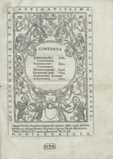 Contenta Politicorum libri Octo Comentarij, Encomicorum Duo Commentarij, Hecatonomiarum Septe[m], Encomiaru[m] publ[icarum] Unus, Explanationis Leonardi in oeconomica Duo