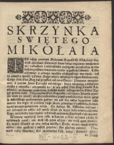 Skrzynka Swiętego Mikołaia, [w:] Bractwo Miłosierdzia, w Krakowie, u S. Barbary Záczęte Roku Páńskiego, 1584. Mieśiąca Octobrá [...]