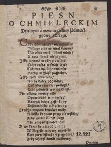 Stephan Chmielecki Albo Nagrobek ... P. Stephana Chmieleckiego, Woiewody Kiiowskiego ... Pamięcią pogrzebną wspomniony [...] [Acc.:] Piesn O Chmieleckim