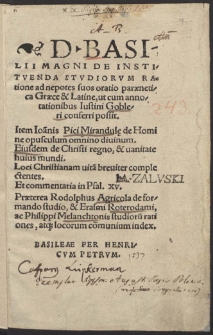 D. Basilii Magni De Institvenda Stvdiorvm Ratione ad nepotes suos oratio par&aelig;netica Gr&aelig;ce & Latine [...]