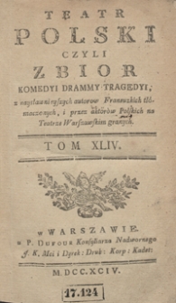 Teatr Polski Czyli Zbior Komedyi Drammy Tragedyi, z naysławnieyszych autorow Francuzkich tłómaczonych, i przez aktorów Polskich na Teatrze Warszawskim granych. T. 44