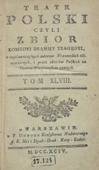 Teatr Polski Czyli Zbior Komedyi Drammy Tragedyi, z naysławnieyszych autorow Francuzkich tłómaczonych, i przez aktorów Polskich na Teatrze Warszawskim granych. T. 48