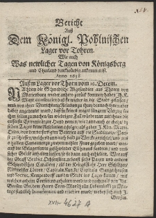 Bericht aus dem Königlichen pohlnischen Lager von Thoren