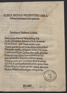 Coelii Sedulii Presbyteri Mirabilium divinorum Libri quatuor