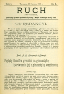 Ruch :  dwutygodnik, poświęcony sprawom wychowania fizycznego i w ogóle normalnego rozwoju ciała, 1906.06.26 R. 1 nr 4