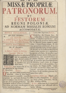Missæ Propriæ Patronorum, Et Festorum Regni Poloniæ. Ad Normam Missalis Romani Accomodatæ