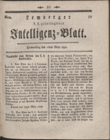 Lemberg Kaiserlich-K&ouml;nigliches Intelligenz-Blatt. R. 1799 Nr 39