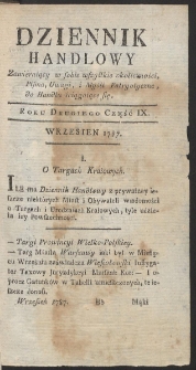 Dziennik Handlowy. Zawieraiący w sobie wszystkie Okoliczności czyli Ogniwa całego Łańcucha Handlu Polskiego. R. 1787 (Wrzesień)