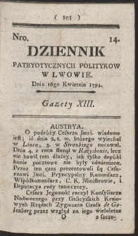 Dziennik Patryotycznych Politykow w Lwowie. R. 1794 Nr 14