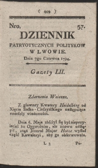 Dziennik Patryotycznych Politykow w Lwowie. R. 1794 Nr 57