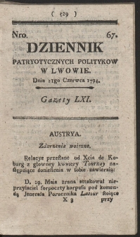 Dziennik Patryotycznych Politykow w Lwowie. R. 1794 Nr 67