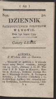 Dziennik Patryotycznych Politykow w Lwowie. R. 1794 Nr 80