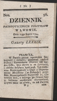 Dziennik Patryotycznych Politykow w Lwowie. R. 1794 Nr 96