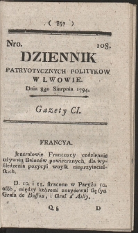 Dziennik Patryotycznych Politykow w Lwowie. R. 1794 Nr 108