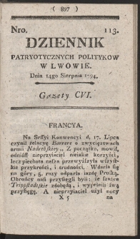 Dziennik Patryotycznych Politykow w Lwowie. R. 1794 Nr 113