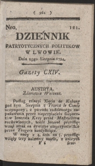 Dziennik Patryotycznych Politykow w Lwowie. R. 1794 Nr 121