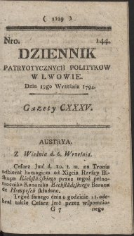 Dziennik Patryotycznych Politykow w Lwowie. R. 1794 Nr 144