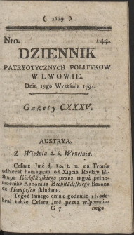 Dziennik Patryotycznych Politykow w Lwowie. R. 1794 Nr 144