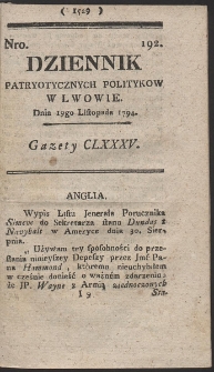 Dziennik Patryotycznych Politykow w Lwowie. R. 1794 Nr 192