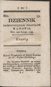 Dziennik Patryotycznych Politykow w Lwowie. R. 1795 Nr 39