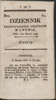 Dziennik Patryotycznych Politykow w Lwowie. R. 1795 Nr 61