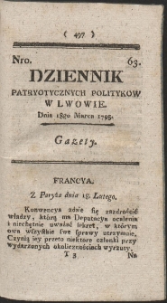 Dziennik Patryotycznych Politykow w Lwowie. R. 1795 Nr 63