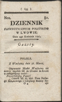 Dziennik Patryotycznych Politykow w Lwowie. R. 1795 Nr 80