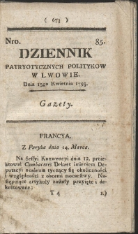 Dziennik Patryotycznych Politykow w Lwowie. R. 1795 Nr 85