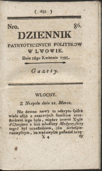 Dziennik Patryotycznych Politykow w Lwowie. R. 1795 Nr 86