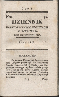 Dziennik Patryotycznych Politykow w Lwowie. R. 1795 Nr 92