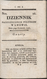 Dziennik Patryotycznych Politykow w Lwowie. R. 1795 Nr 98