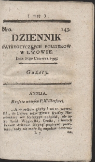 Dziennik Patryotycznych Politykow w Lwowie. R. 1795 Nr 143