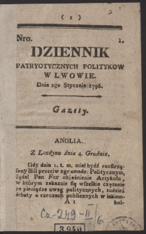 Dziennik Patryotycznych Politykow w Lwowie. R. 1796 Nr 1