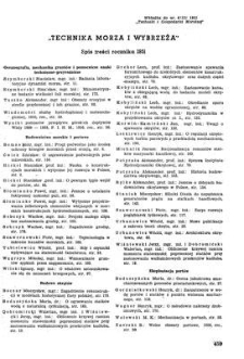 Spis treści rocznika „Technika Morza i Wybrzeża” i "Technika i Gospodarka Morska" za rok 1951 r. [Technika i Gospodarka Morska, Rok I (VI), 1951]