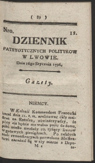 Dziennik Patryotycznych Politykow w Lwowie. R. 1796 Nr 12