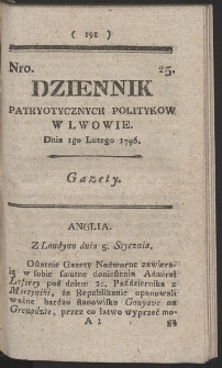 Dziennik Patryotycznych Politykow w Lwowie. R. 1796 Nr 25