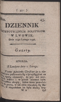 Dziennik Patryotycznych Politykow w Lwowie. R. 1796 Nr 45