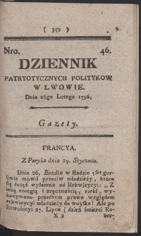 Dziennik Patryotycznych Politykow w Lwowie. R. 1796 Nr 46