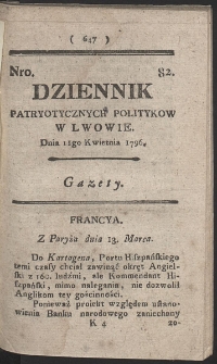 Dziennik Patryotycznych Politykow w Lwowie. R. 1796 Nr 82