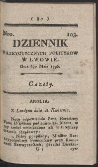Dziennik Patryotycznych Politykow w Lwowie. R. 1796 Nr 103