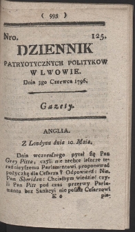 Dziennik Patryotycznych Politykow w Lwowie. R. 1796 Nr 125
