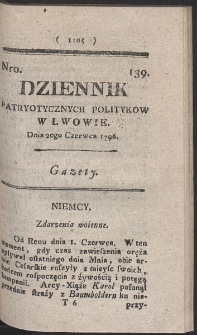 Dziennik Patryotycznych Politykow w Lwowie. R. 1796 Nr 139