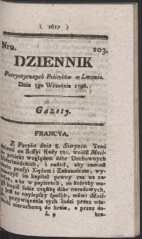Dziennik Patryotycznych Politykow w Lwowie. R. 1796 Nr 203